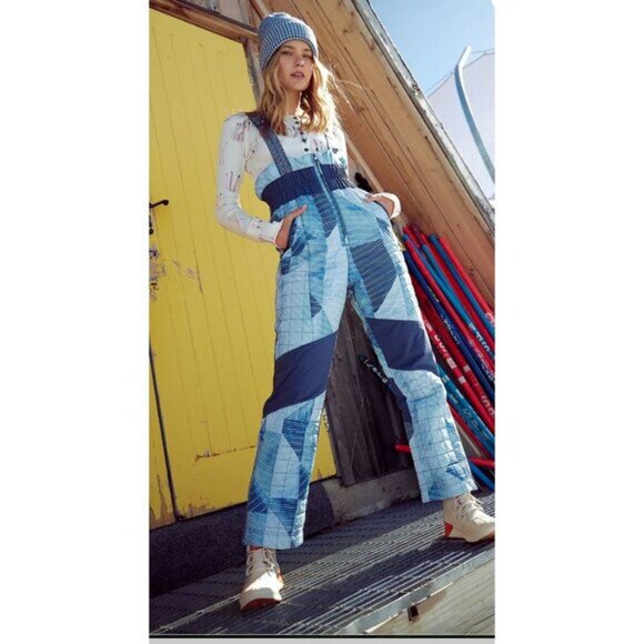 Free People Movement Printed All Prepped Bib Overalls. Indigo Patch XS  *NWOT* - Picture 1 of 9